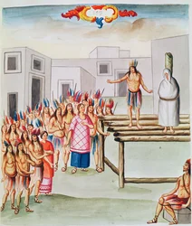 Tome 4 fol.19, Ansicht der Plaza de Thalco mit einem an einen Pfahl gebundenen Indianer, aus 